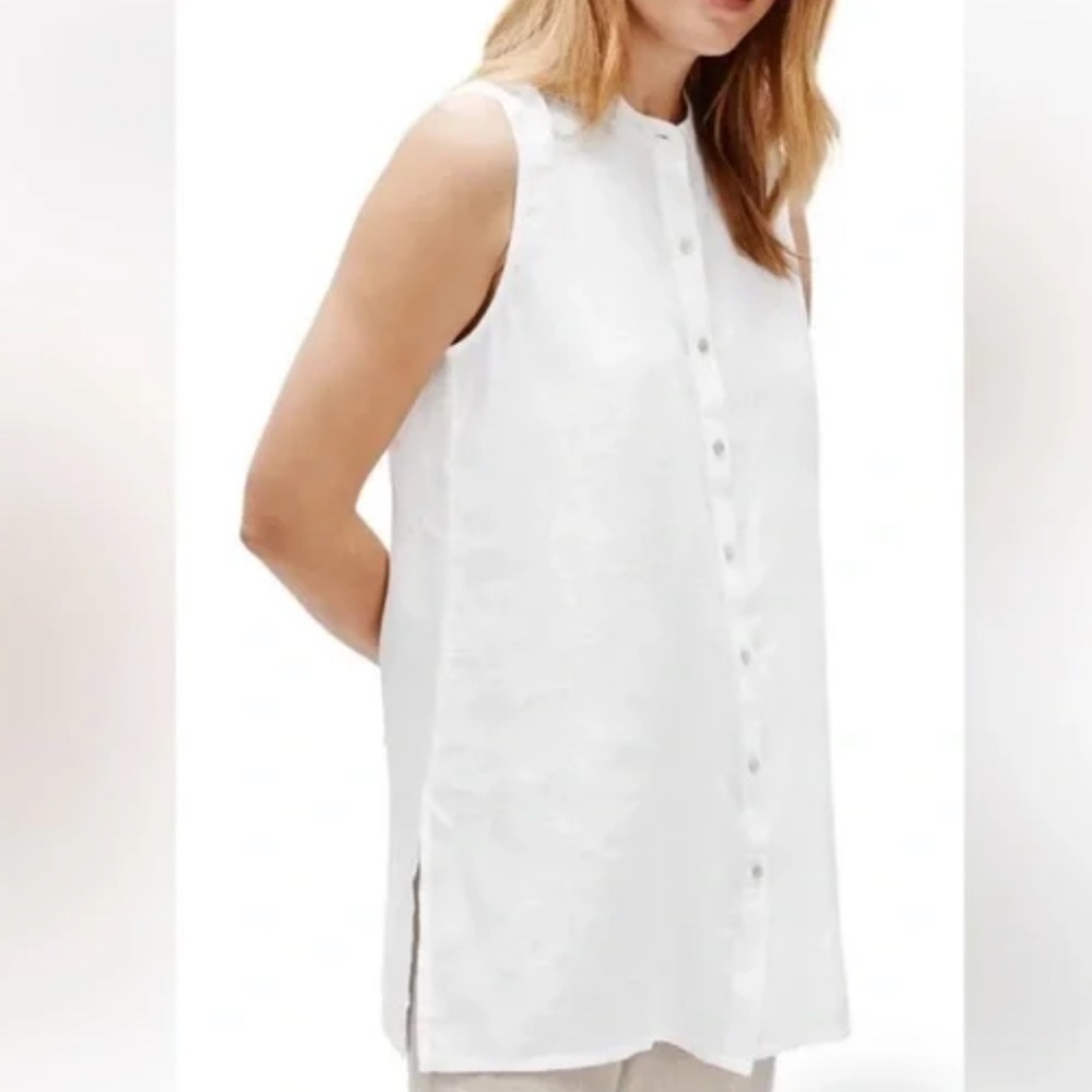 Eileen Fisher Organic Linen White Button Down Tunic Top XXS